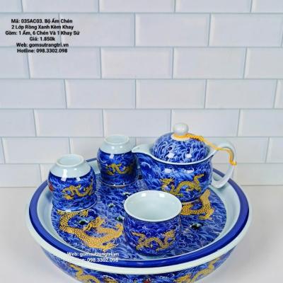 BỘ ẤM CHÉN HAI LỚP RỒNG XANH KÈM KHAY